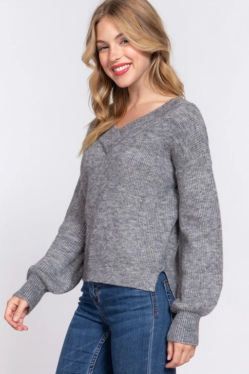 Luxe Balloon-Sleeve V-Neck Sweater
