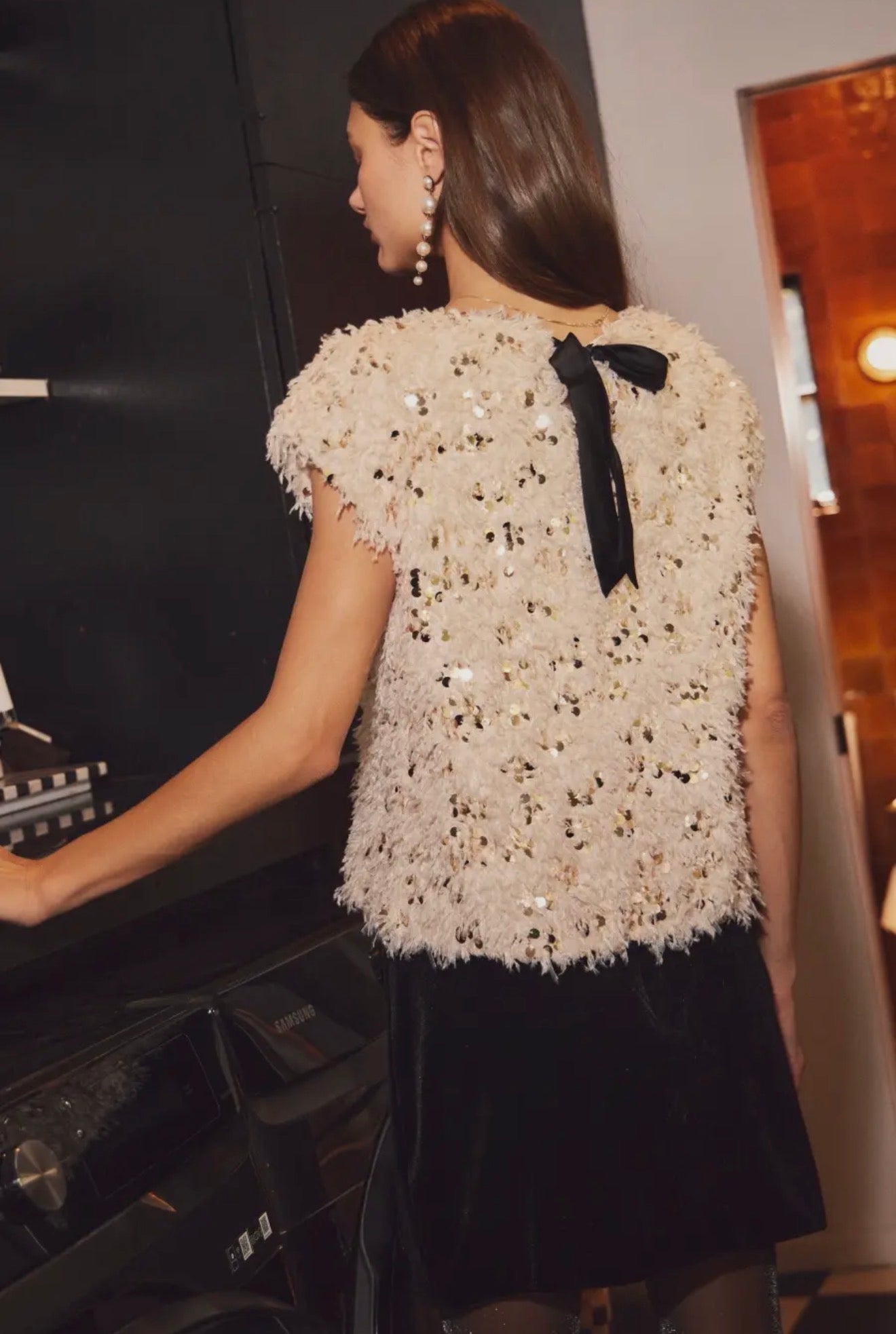 Velvet Pearl Bow Mini Skirt