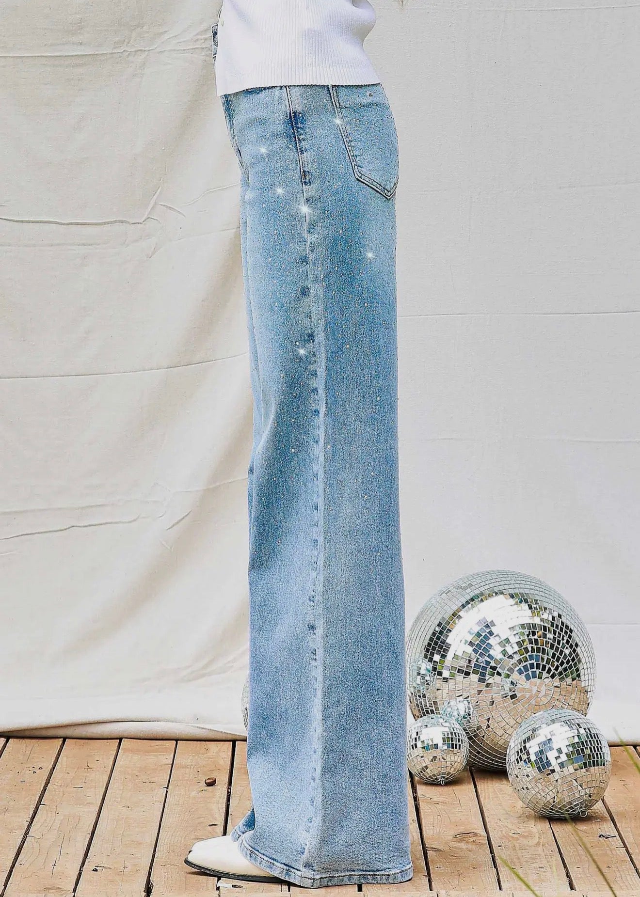 Rhinestone Iridescent Wide-Leg Denim