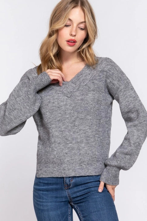 Luxe Balloon-Sleeve V-Neck Sweater