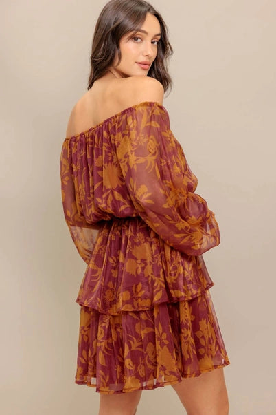 Frida Off-Shoulder Floral Chiffon Dress – Women's Boho Chic Long Sleeve Mini Dress – Simply You by Jess