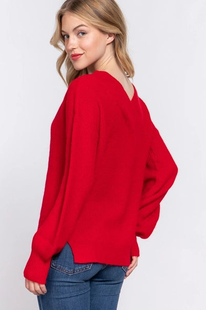 Luxe Balloon-Sleeve V-Neck Sweater