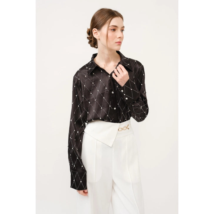 Luxe Diamond Satin Button-Up Blouse