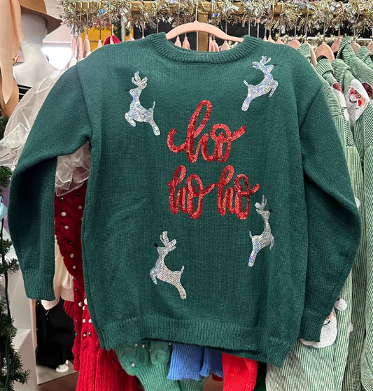 Sparkling Reindeer "Ho Ho Ho" Holiday Sweater