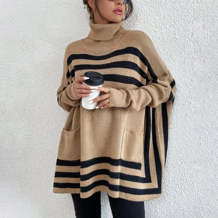 Striped Turtleneck Poncho Sweater