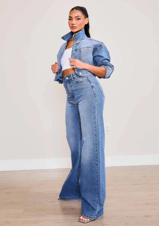 Crystal-Studded Wide-Leg Denim