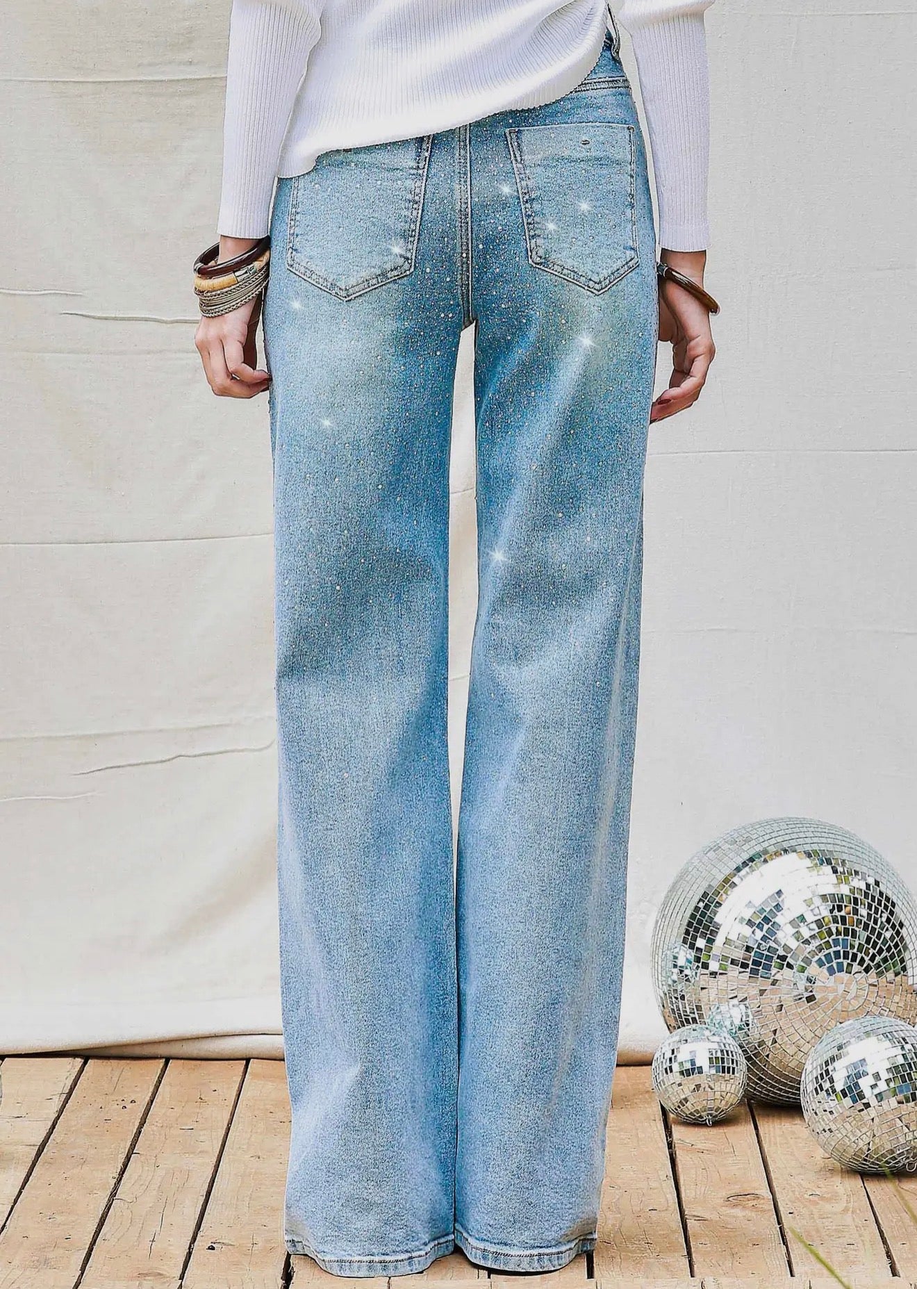 Rhinestone Iridescent Wide-Leg Denim