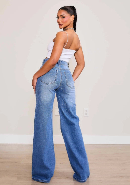 Crystal-Studded Wide-Leg Denim