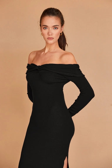 Midnight Elegance Off-Shoulder Midi Dress