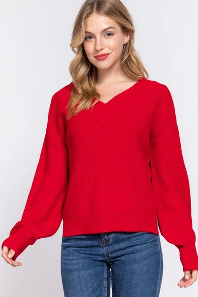 Luxe Balloon-Sleeve V-Neck Sweater