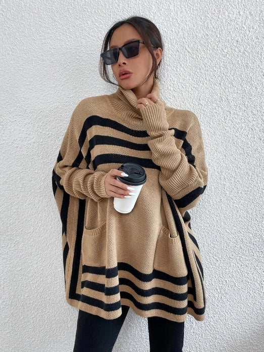 Striped Turtleneck Poncho Sweater