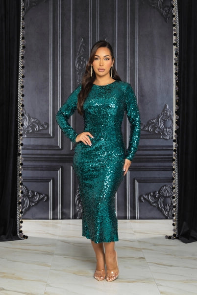 Emerald Radiance Sequin Midi Dress