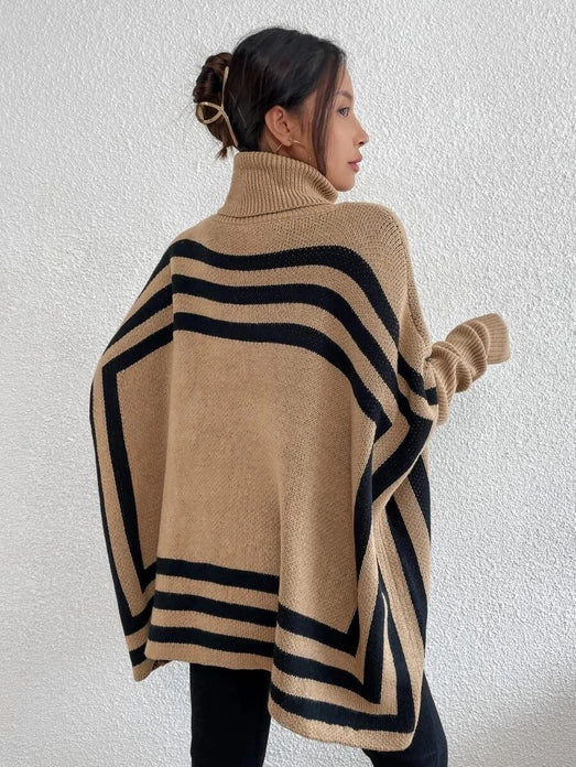 Striped Turtleneck Poncho Sweater