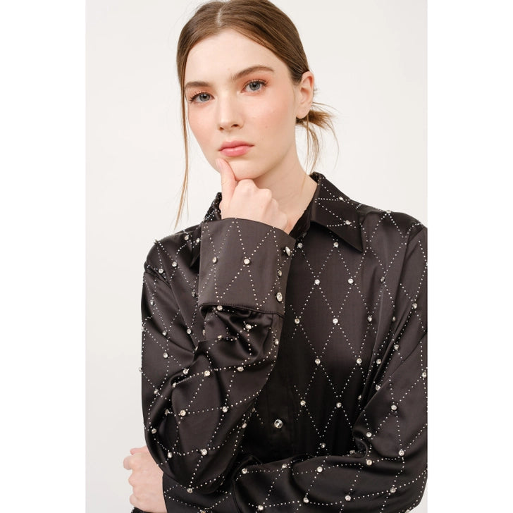 Luxe Diamond Satin Button-Up Blouse