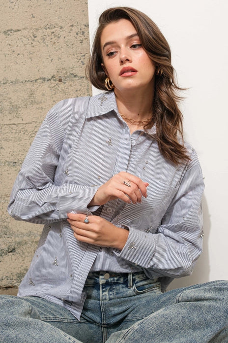 Embellished Striped Button-Down Shirt