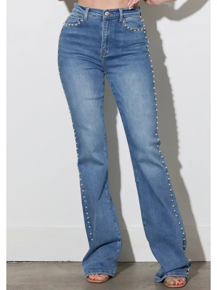 The Luxe Pearl-Studded Flare Jeans