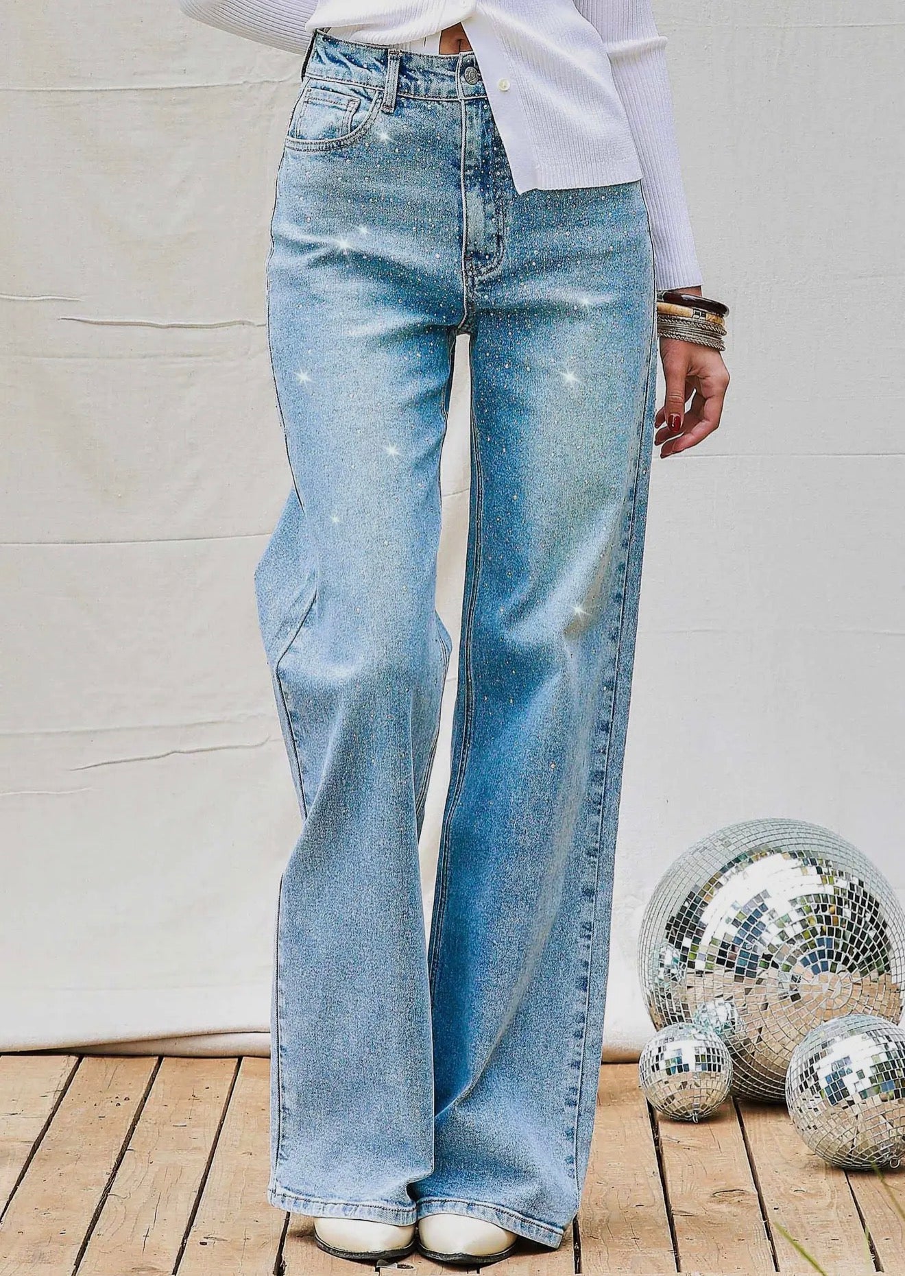 Rhinestone Iridescent Wide-Leg Denim