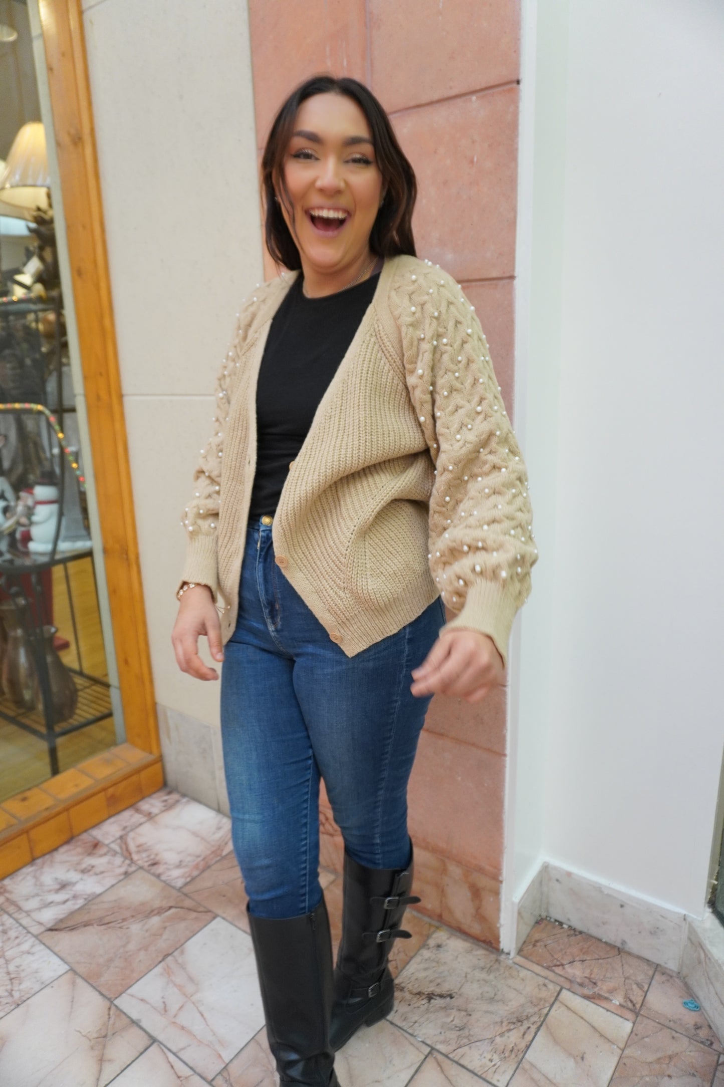 Pearl-Kissed Cable Knit Cardigan