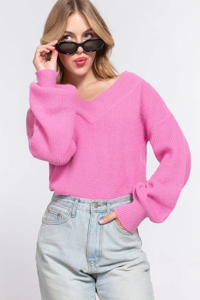 Luxe Balloon-Sleeve V-Neck Sweater