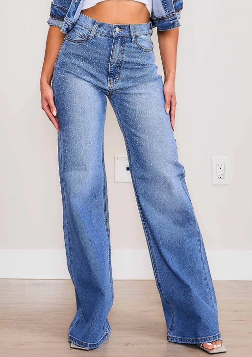 Crystal-Studded Wide-Leg Denim