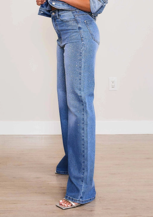 Crystal-Studded Wide-Leg Denim