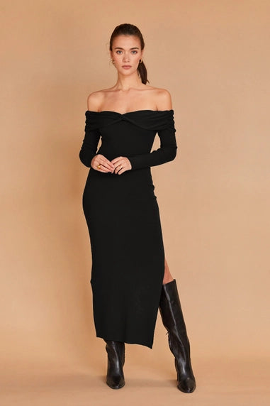 Midnight Elegance Off-Shoulder Midi Dress