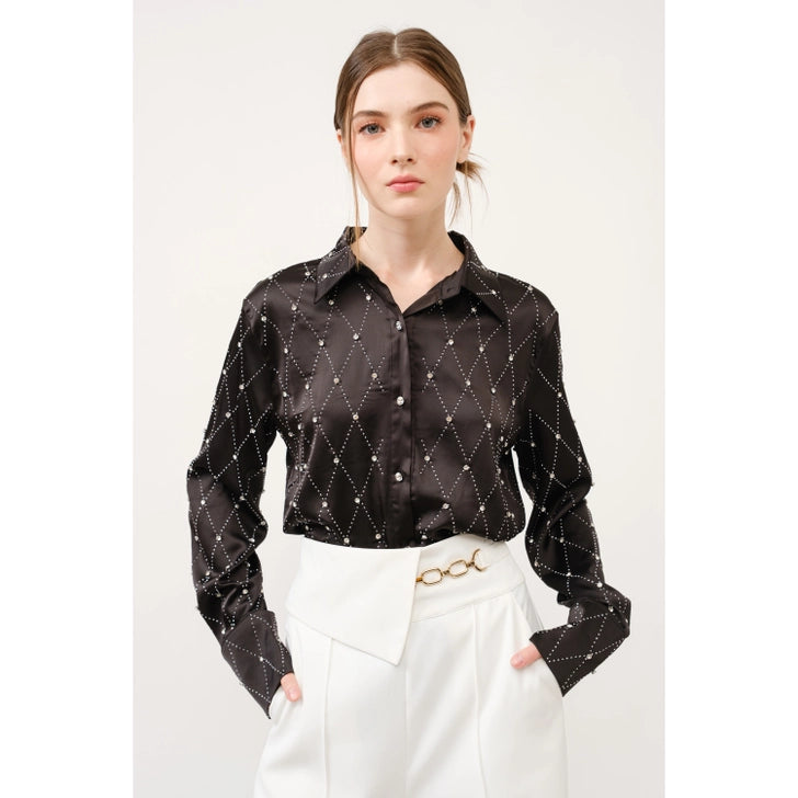 Luxe Diamond Satin Button-Up Blouse