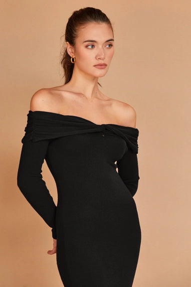 Midnight Elegance Off-Shoulder Midi Dress