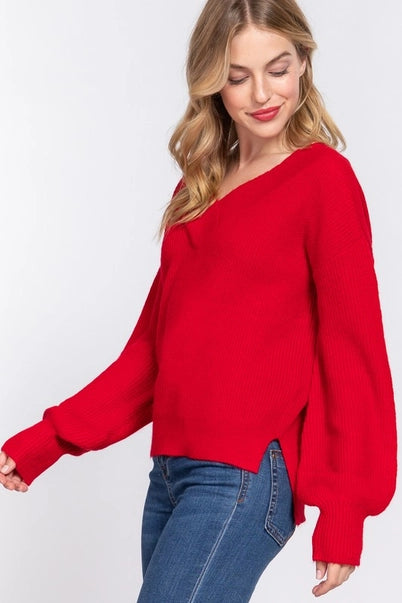 Luxe Balloon-Sleeve V-Neck Sweater