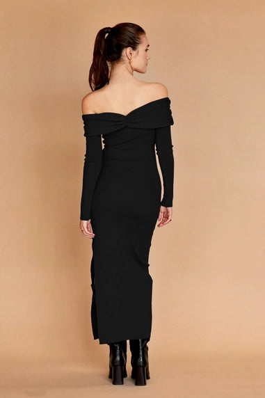 Midnight Elegance Off-Shoulder Midi Dress