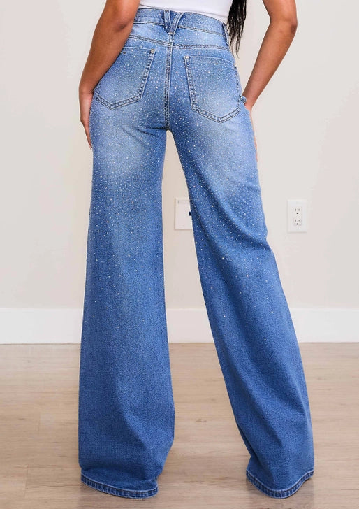 Crystal-Studded Wide-Leg Denim