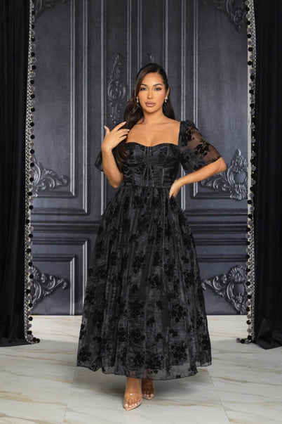 Midnight Bloom Velvet Midi Dress