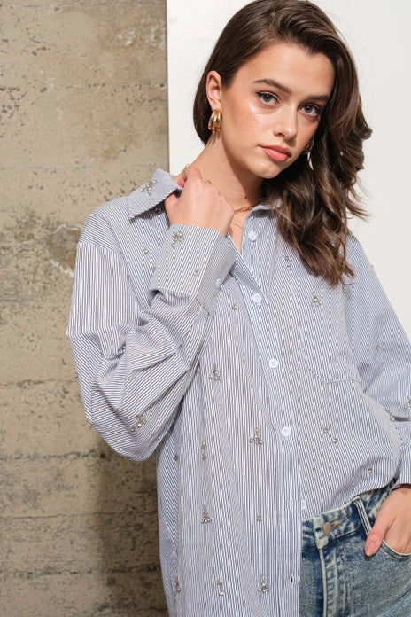 Embellished Striped Button-Down Shirt