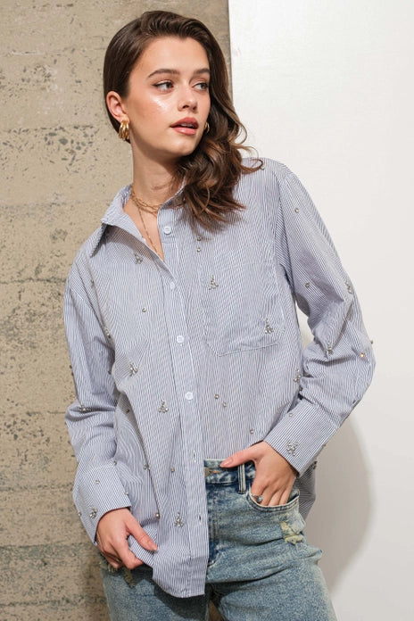 Embellished Striped Button-Down Shirt