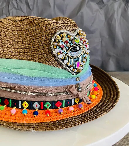 Bohemian Sage Embellished Straw Hat