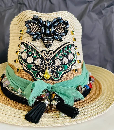 Bohemian Sage Embellished Straw Hat