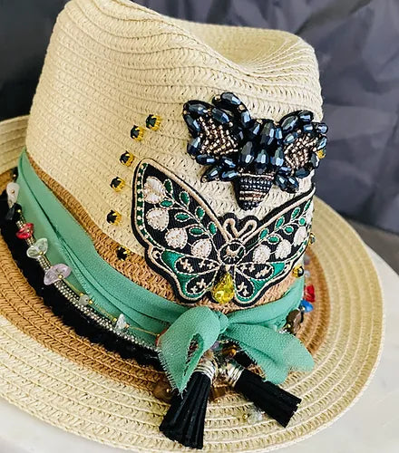 Bohemian Sage Embellished Straw Hat