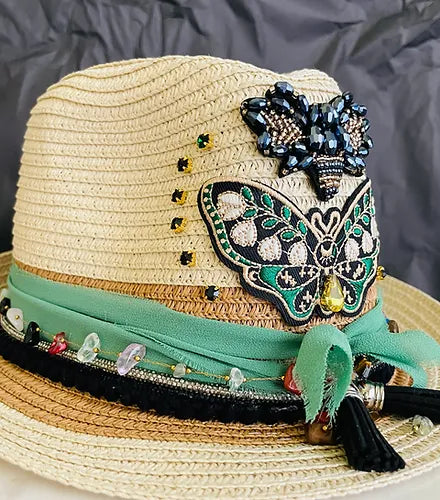 Bohemian Sage Embellished Straw Hat