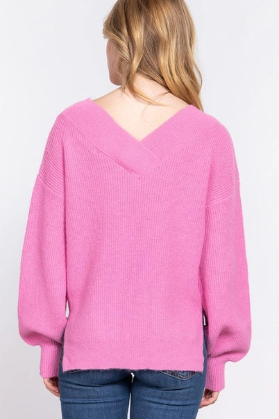 Luxe Balloon-Sleeve V-Neck Sweater