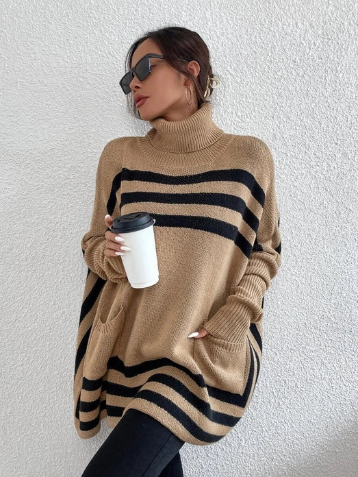 Striped Turtleneck Poncho Sweater